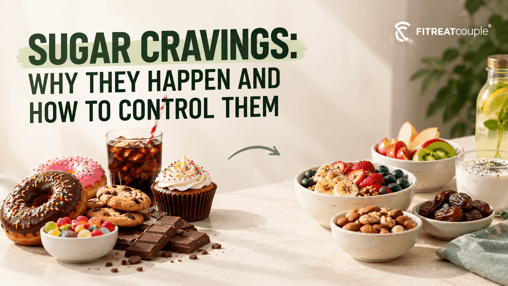 Why sugar cravings happen and how to control them, sweet treats next to healthy food choices